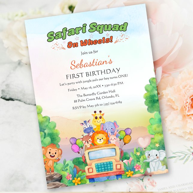 Invitación Tema Safari Ride – Cumpleaños del Salvaje 1er año  (Wild One Safari Ride – Jungle 1st Birthday for boy Invitation)
