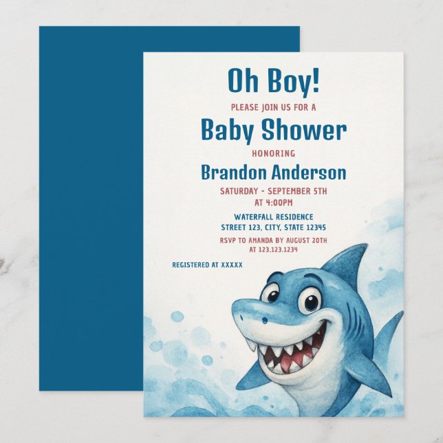 Invitación Tema sonriente del Baby Shower de Blue Shark Boy (Anverso / Reverso)