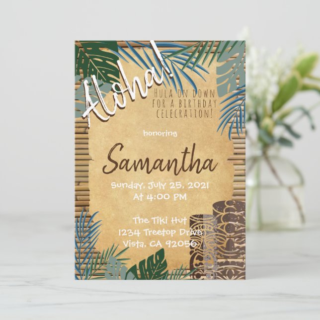 Invitación Tema Tiki Isla de Bambú Hawaiano Verde Azul (Anverso de pie)