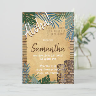 Invitación Tema Tiki Isla de Bambú Hawaiano Verde Azul