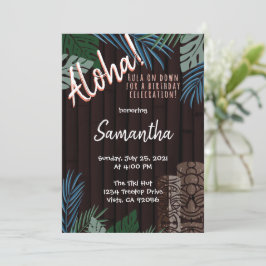 Invitación Tema Tiki Marrón Hawaiano Bambú Verde y Azul
