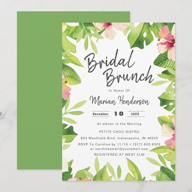Invitación Tema tropical Acuarela Ducha nupcial Brunch (Anverso / Reverso)