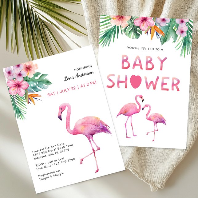 Invitación Tema tropical de Baby Shower Flamingo rosa (Girl Baby Shower Invitation)