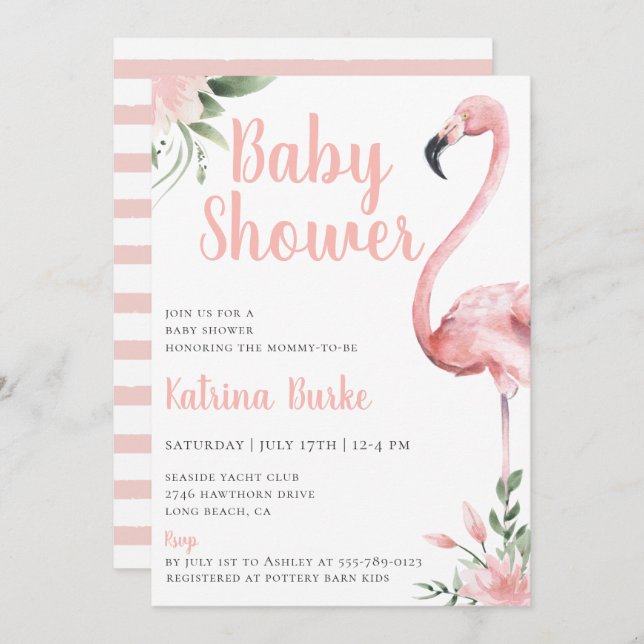 Invitación Tema tropical floral rosa Flamingo Baby Shower (Anverso / Reverso)