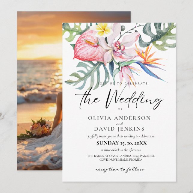 Invitación Tema tropical hawaiano de la playa Boda (Anverso / Reverso)