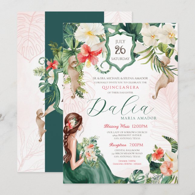 Invitación Tema tropical Quinceanera de verano verde y rosa (Anverso / Reverso)