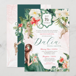 Invitación Tema tropical Quinceanera de verano verde y rosa