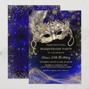 Invitación Temas de Oro Azul Editables para Fiesta de Máscara