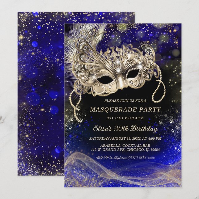 Invitación Temas editables de oro azul para Fiesta de mascara (Anverso / Reverso)