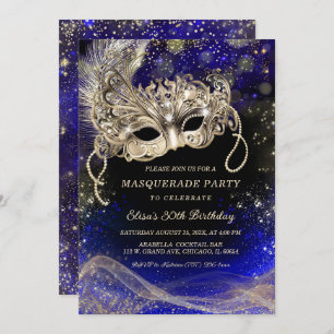 Invitación Temas editables de oro azul para Fiesta de mascara