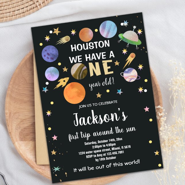 Invitación Temática audaz del cohete y el planeta para niños (Black Outer Space Birthday Invitations)