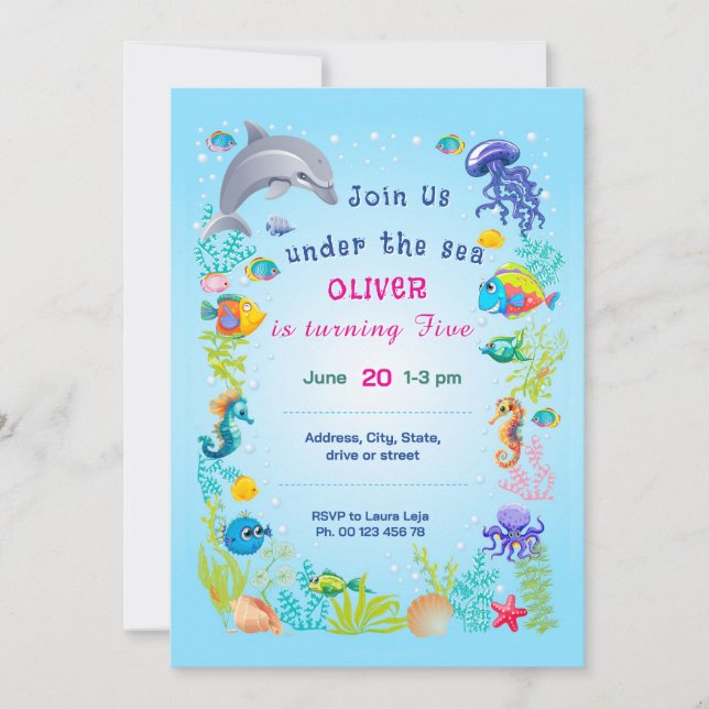 Invitación temática bajo el mar. Fiesta infantil. (Anverso)