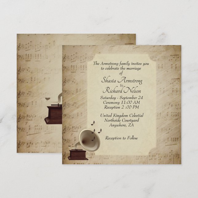 Invitación temática Boda de música antigua (Anverso / Reverso)