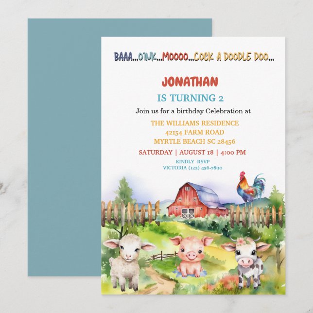 Invitación Temática de Barnyard Farm Boys Fiesta del segundo  (Anverso / Reverso)