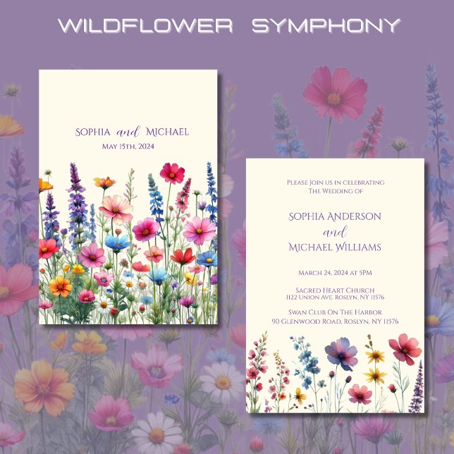 Invitación temática de Boda sinfónica de flores si (Wildflower Symphony Wedding Invitation-Colorful, Country, Rustic, Bohemian, Elegant)