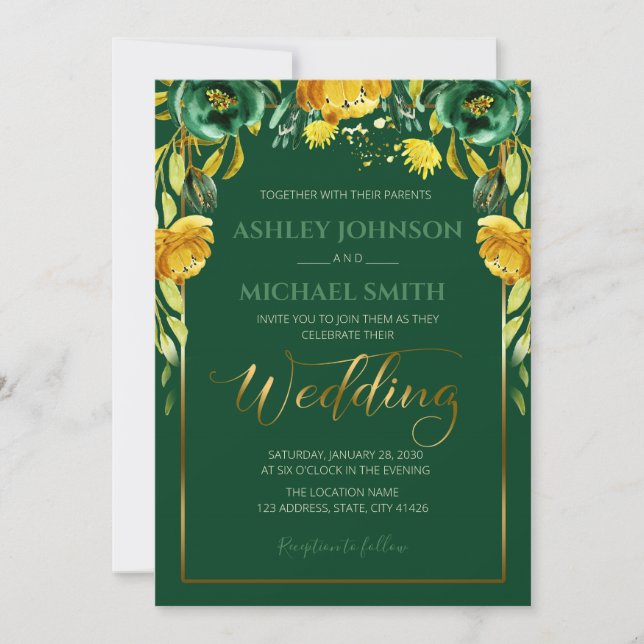 Invitación temática de bodas de esmeralda y mostaz (Anverso)