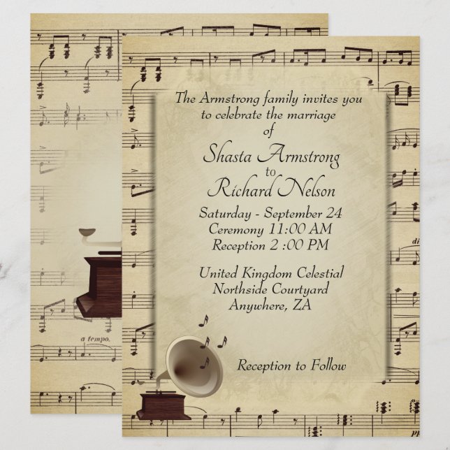 Invitación temática de Bodas de música de vinifica (Anverso / Reverso)