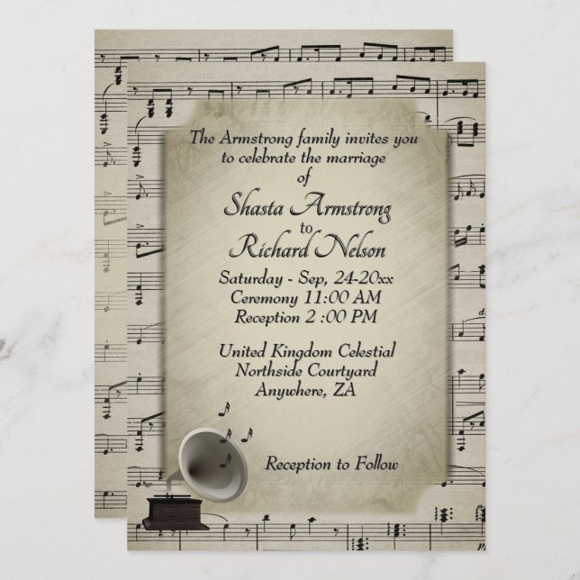 Invitación temática de Bodas de música de vinifica (Anverso / Reverso)