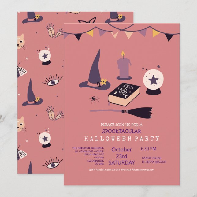 Invitación Temática de bruja rosa caprichosa (Anverso / Reverso)