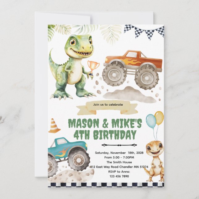 invitación temática de camión monstruo dinosaurio (Anverso)
