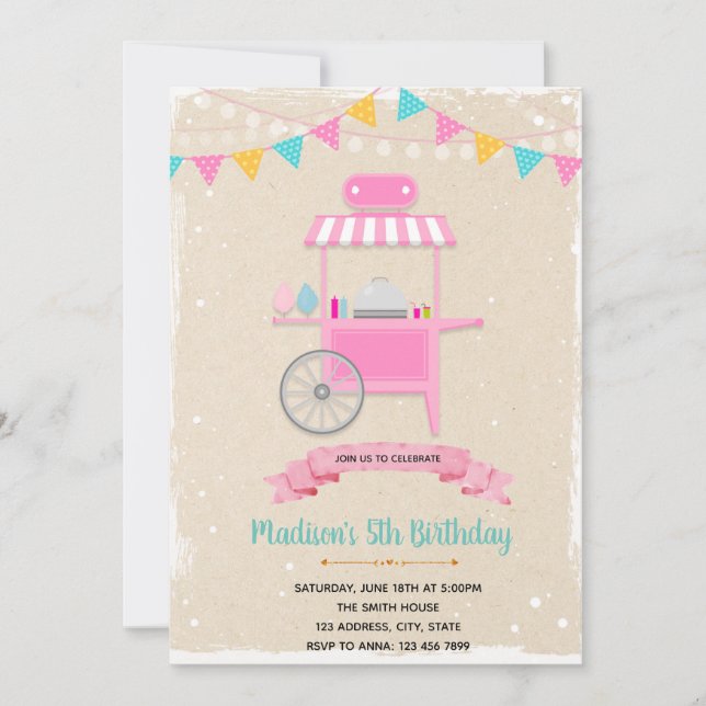 Invitación temática de Candy Cart (Anverso)