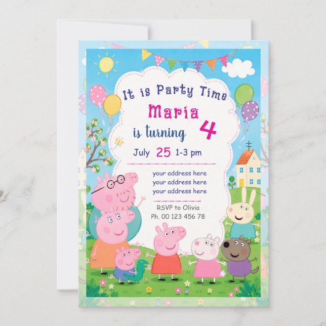 Invitación temática de cerdo de dibujos animados.  (Anverso)