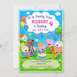 Invitación temática de cerdo de dibujos animados.