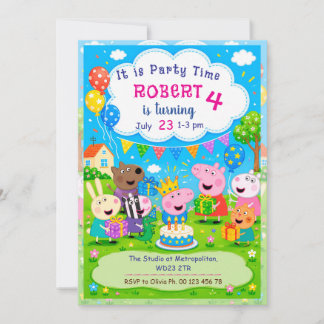 Invitación temática de cerdo de dibujos animados.