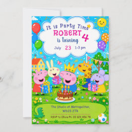 Invitación temática de cerdo rosa de dibujos anima