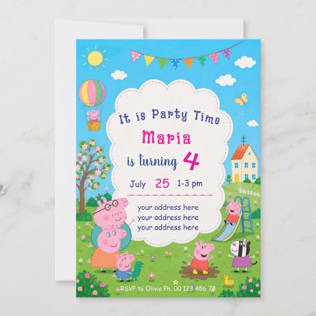 Invitación temática de cerdos de dibujos animados. (Anverso)