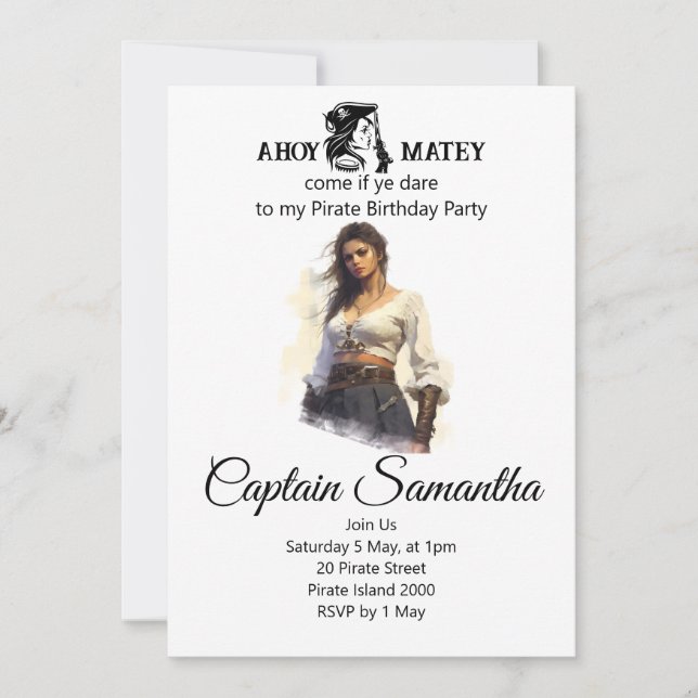 Invitación temática de Chica Pirata (Anverso)