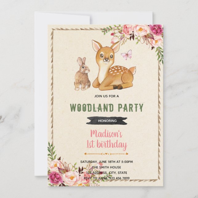 Invitación temática de ciervos de bosque de conejo (Anverso)