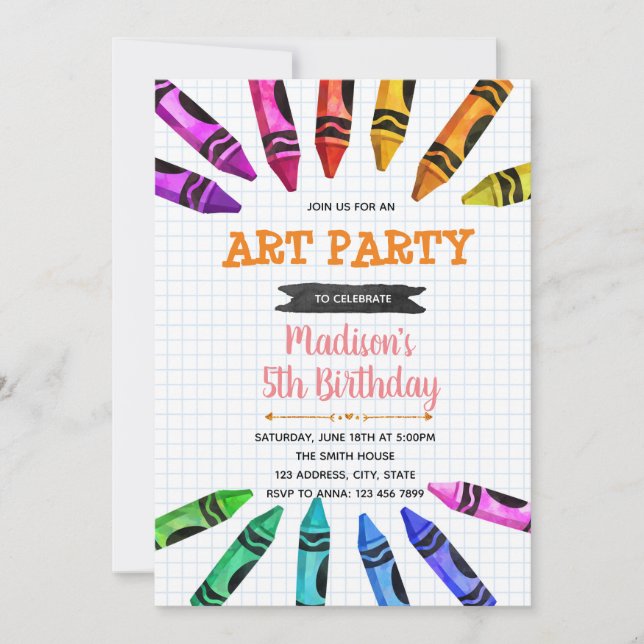 Invitación temática de Cute Crayon fiesta (Anverso)