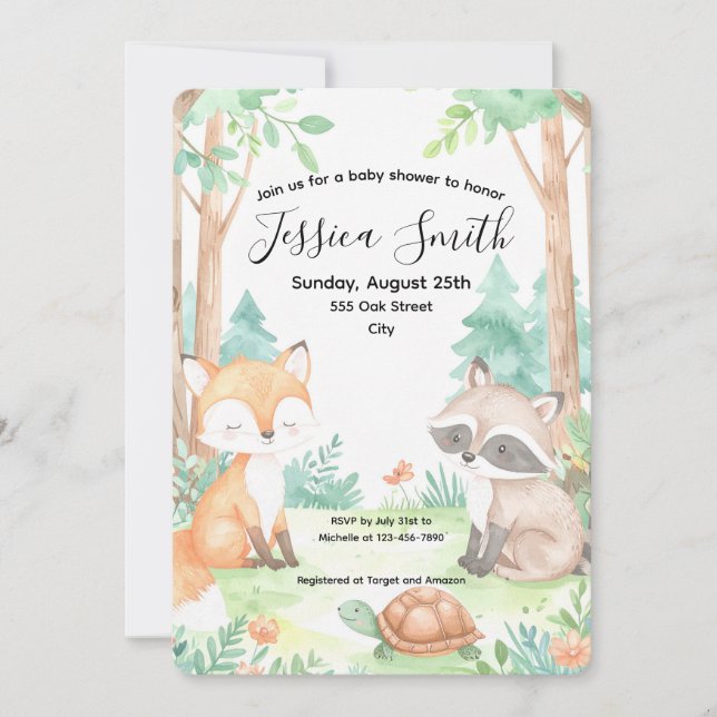 Invitación temática de Cute Woodland Baby Shower (Anverso)