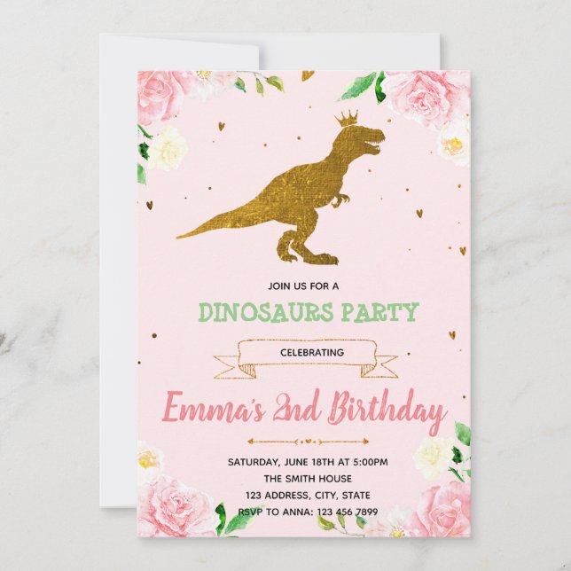 invitación temática de dinosaurios chicas (Anverso)