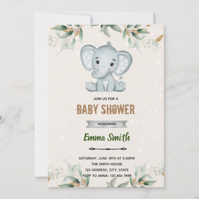 invitación temática de elefante de hoja de verde (Anverso)