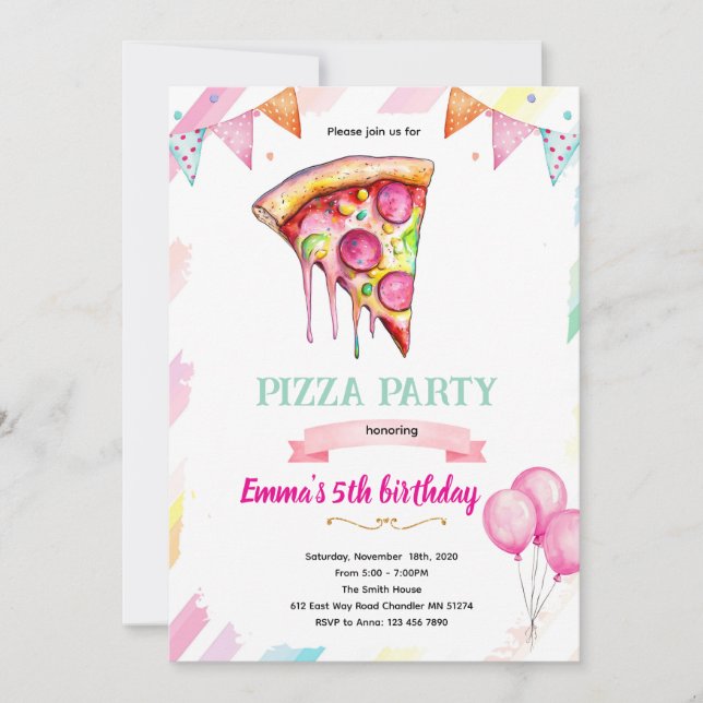 invitación temática de fiesta de chica de pizza (Anverso)
