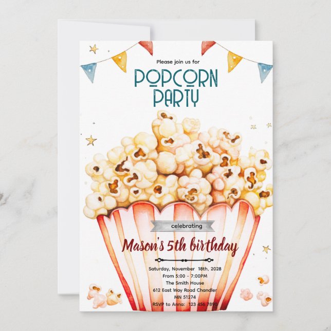 invitación temática de fiesta de palomitas de maíz (Anverso)