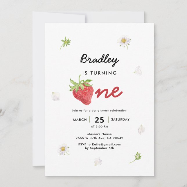 Invitación Temática de fresa Berry Primer cumpleaños (Anverso)