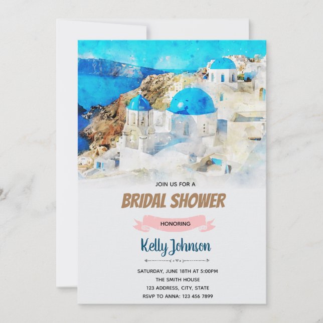 Invitación Temática de la ducha nupcial de Santorini (Anverso)