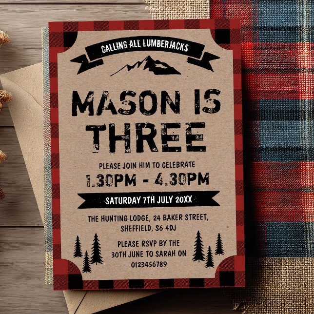 Invitación temática de la fiesta de cumpleaños del (Calling all lumberjacks! 🌲 Celebrate Mason’s big day with this fun lumberjack-themed invite.)