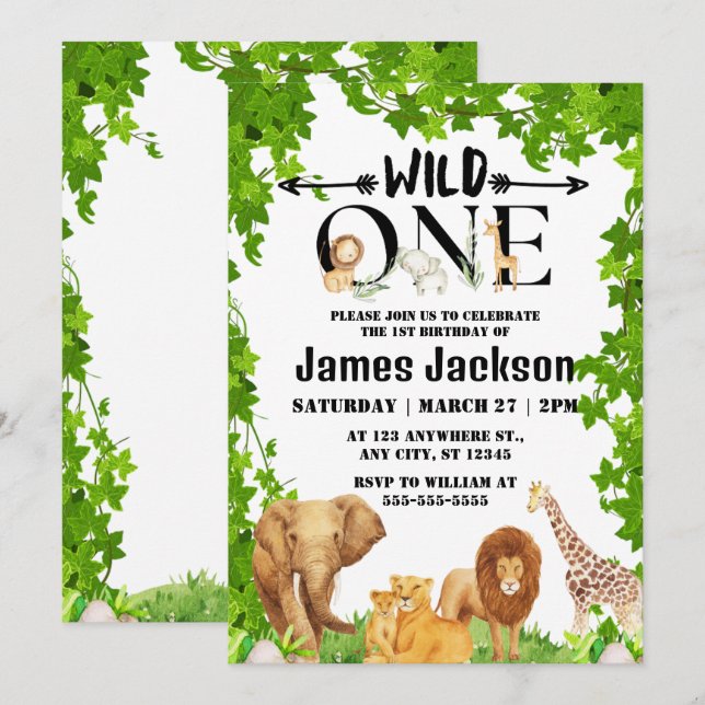 Invitación Temática de los niños Safari salvajes de una jungl (Anverso / Reverso)