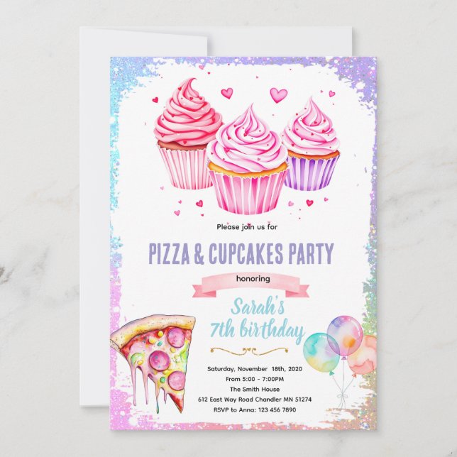 invitación temática de niña de pastelito de pizza (Anverso)