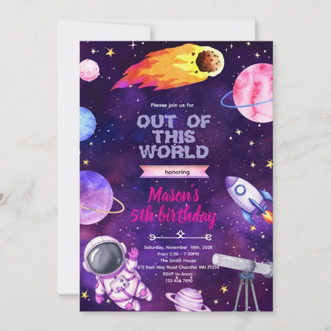 invitación temática de niña del espacio exterior (Anverso)