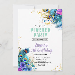 invitación temática de pavo real azul verdoso y pú