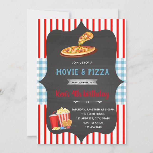 Invitación temática de película de pizza a cuadros (Anverso)