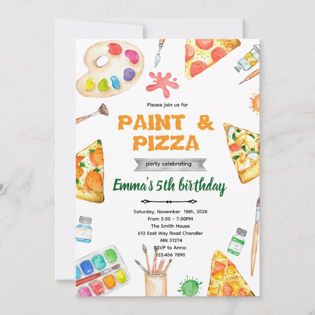 invitación temática de pintura y pizza (Anverso)