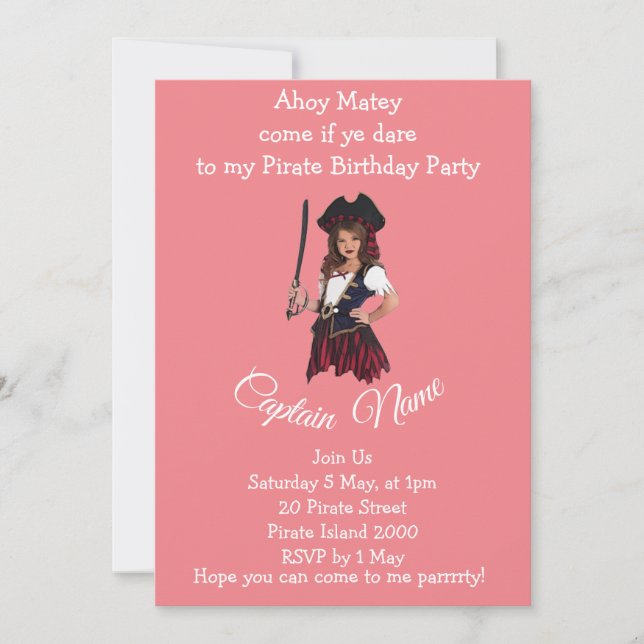 Invitación temática de pirata rosa para niñas (Anverso)