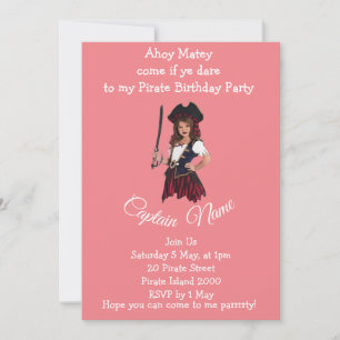 Invitación temática de pirata rosa para niñas