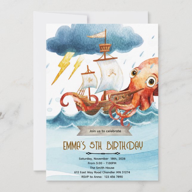 invitación temática de pulpo Kraken (Anverso)